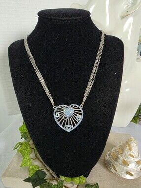 Sparkling Blue Crystal Heart Statement Necklace - Silver Tone